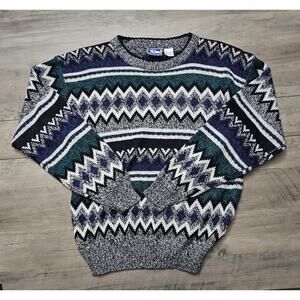 Vintage Todays News Sweater Mens M Geometric Acrylic Grandpa Grey/Blue/Green